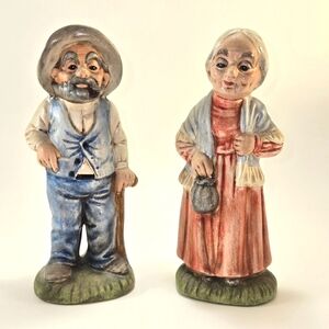 Vintage Handmade Old Couple Figurines Ceramic 6" Tall Set Blues Grays Reds